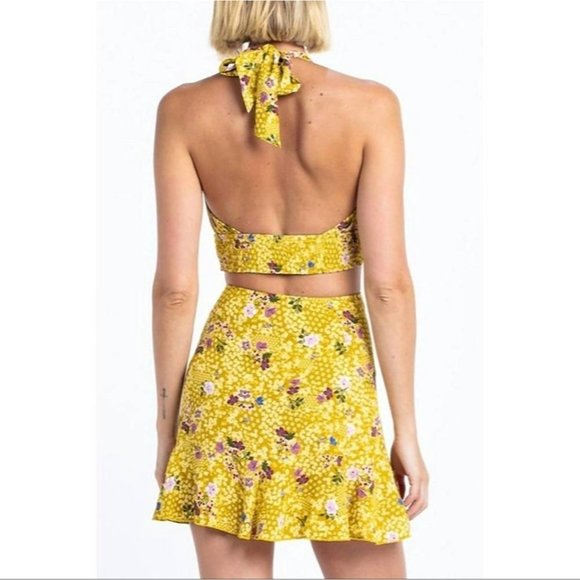 Skylar + Madison Floral Halter Top Mini Skirt Two Piece Set Yellow Small NWT - Picture 2 of 9
